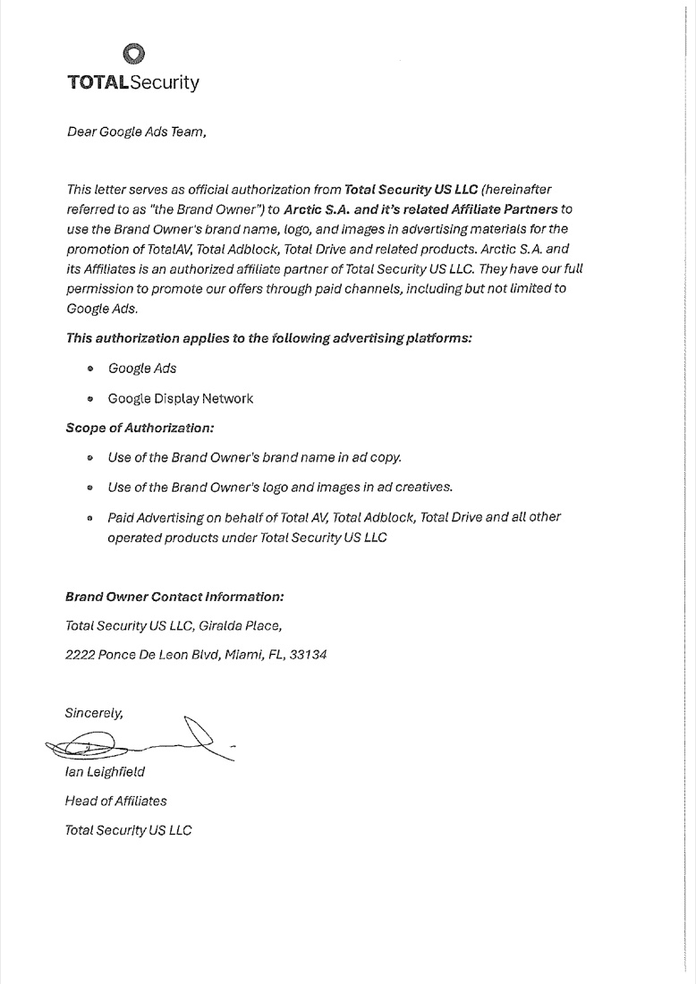 Scanned brand authorization letter from Total Security US LLC naming Arctic S.A. as an authorized affiliate partner, signed by Ian Leighfield, Head of Affiliates